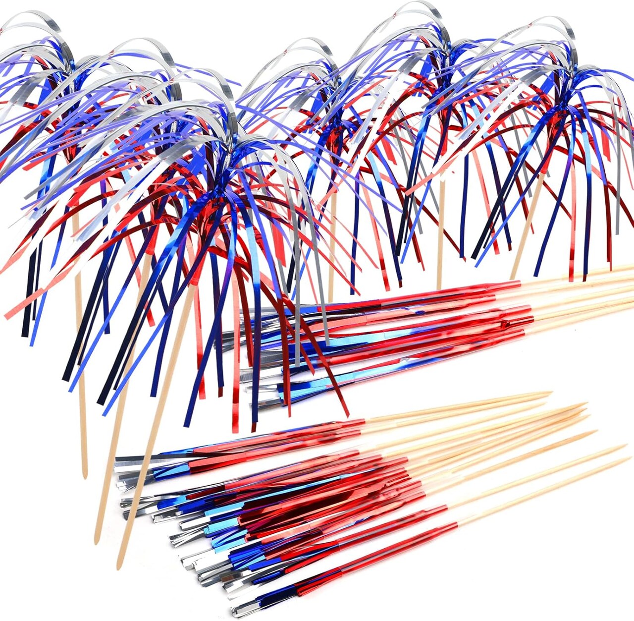 100pcs 4th of July Cocktail Picks,Patriotic Firework Bamboo Toothpicks Sticks for Appetizers Fruit Food Cake Independence Day Party Decoration Supply,Red White and Blue